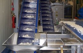 Наклонный модульный конвейер для пельменей